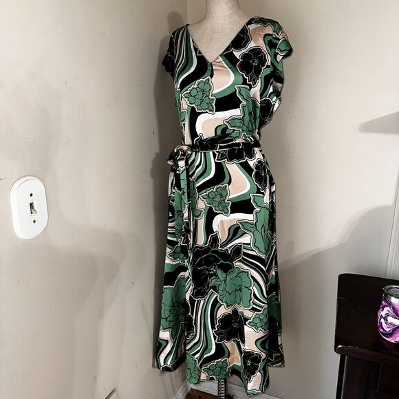 NWT Anne Klein Floral Green Black White Belted Midi Dress Women's Size 4 $139 - Picture 3 of 15